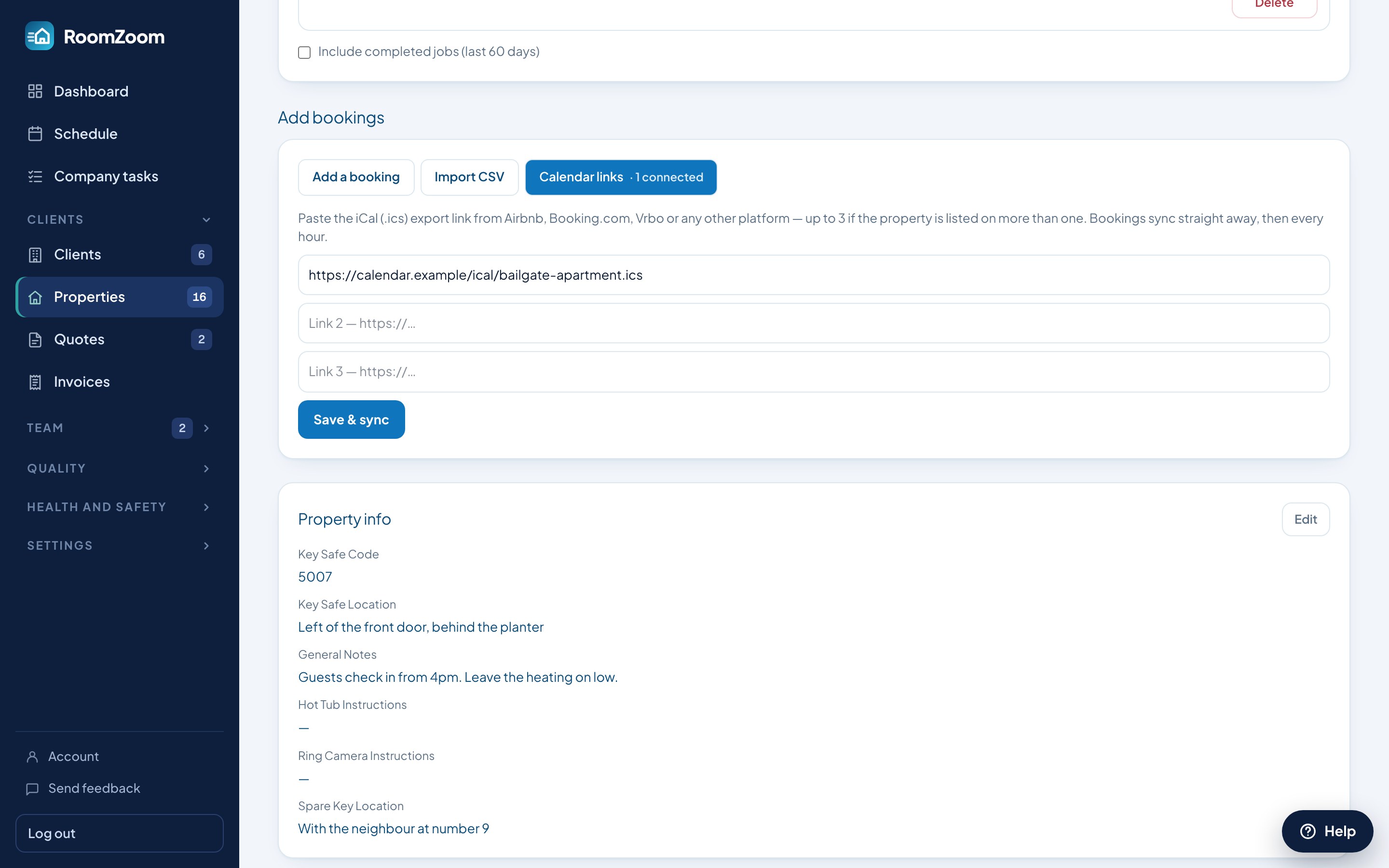 Pasting a booking calendar's iCal link into a property in RoomZoom