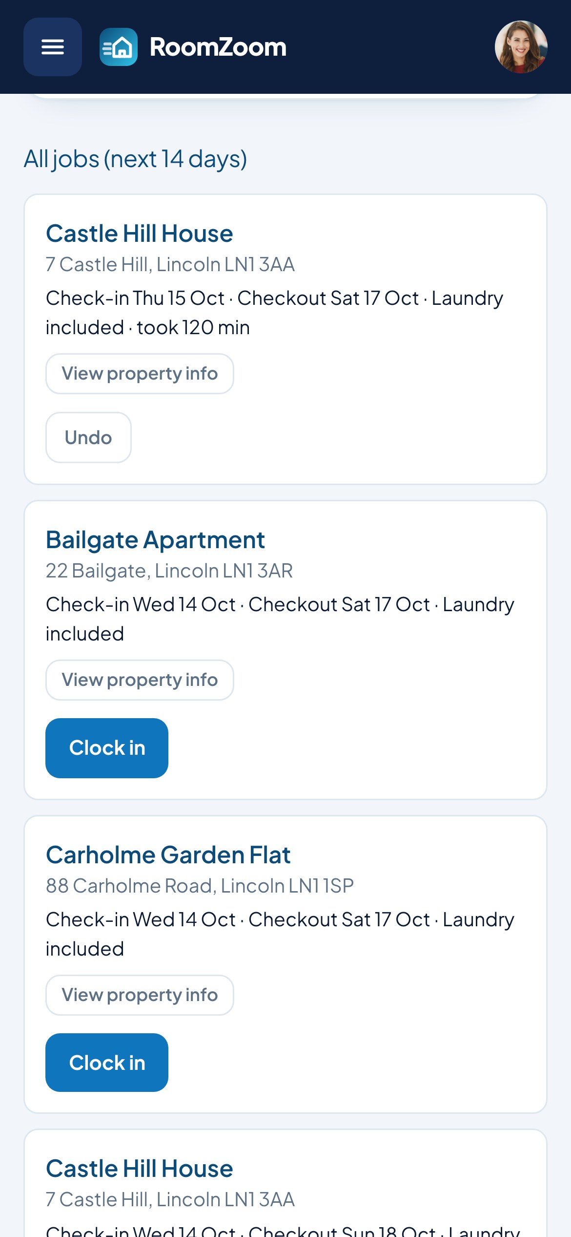 A cleaner's list of jobs on a phone, with a Clock in button