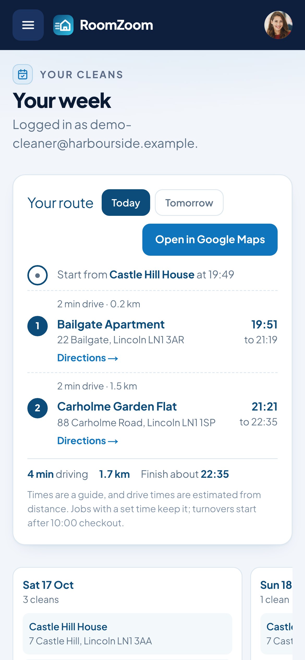 A cleaner's route for the day in RoomZoom on a phone, with an Open in Google Maps button