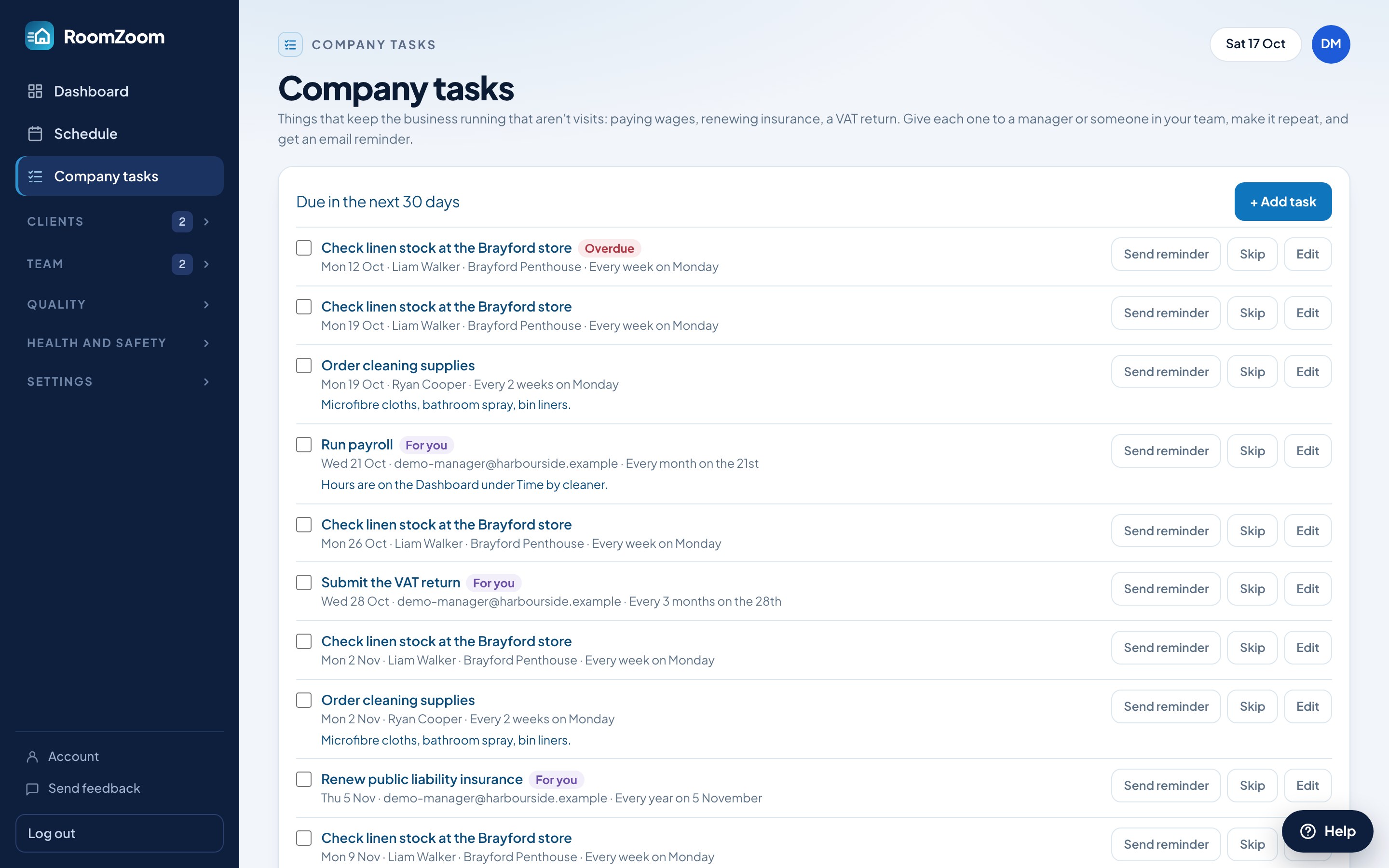Company tasks in RoomZoom, such as payroll and insurance renewal, with who each is for