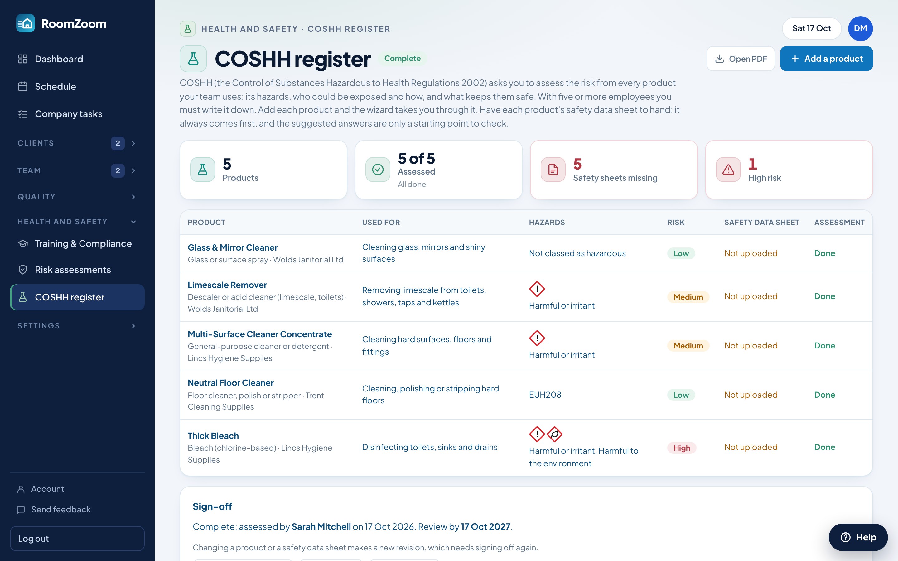 The COSHH register in RoomZoom with hazard symbols for each product