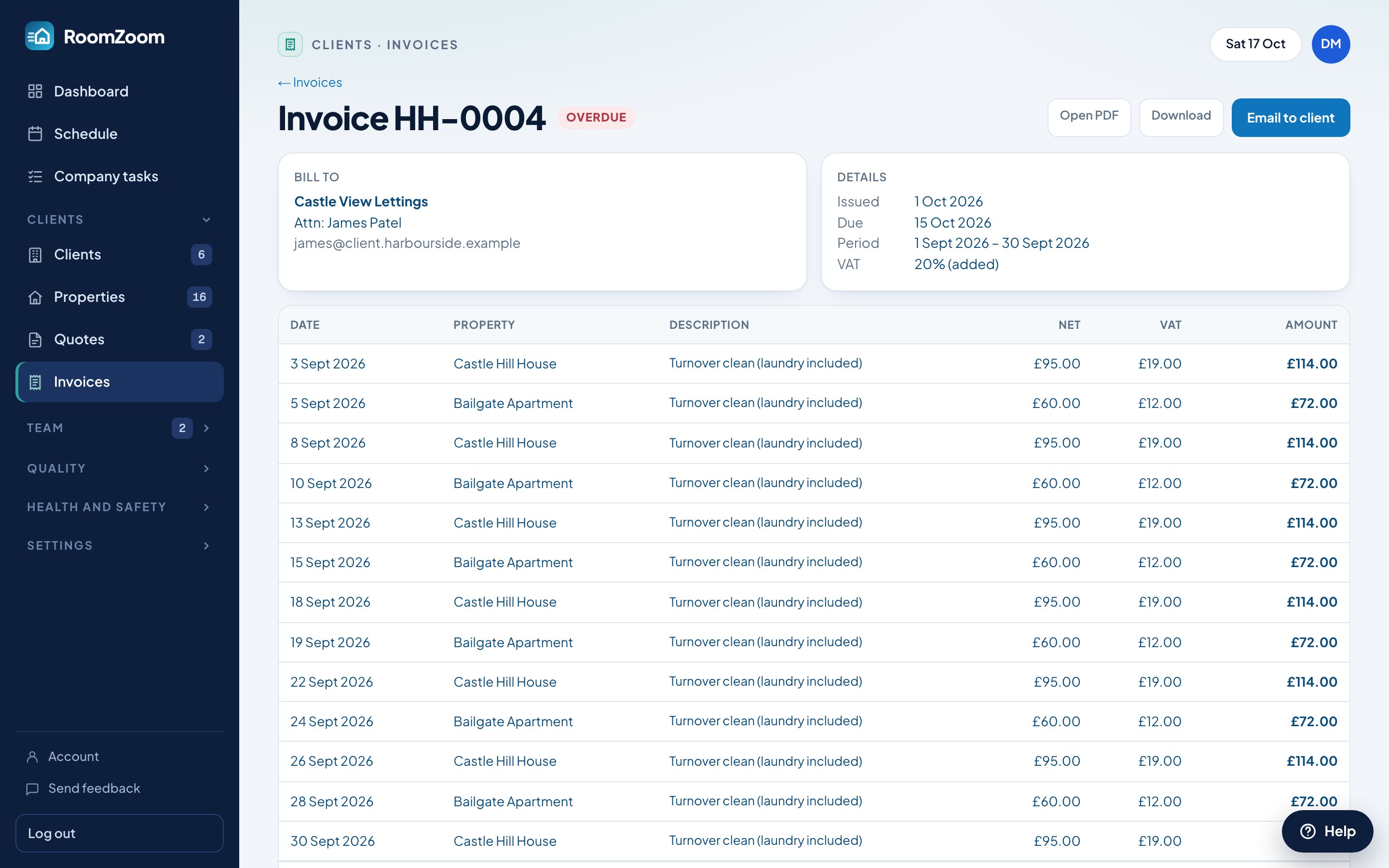 An invoice made in RoomZoom