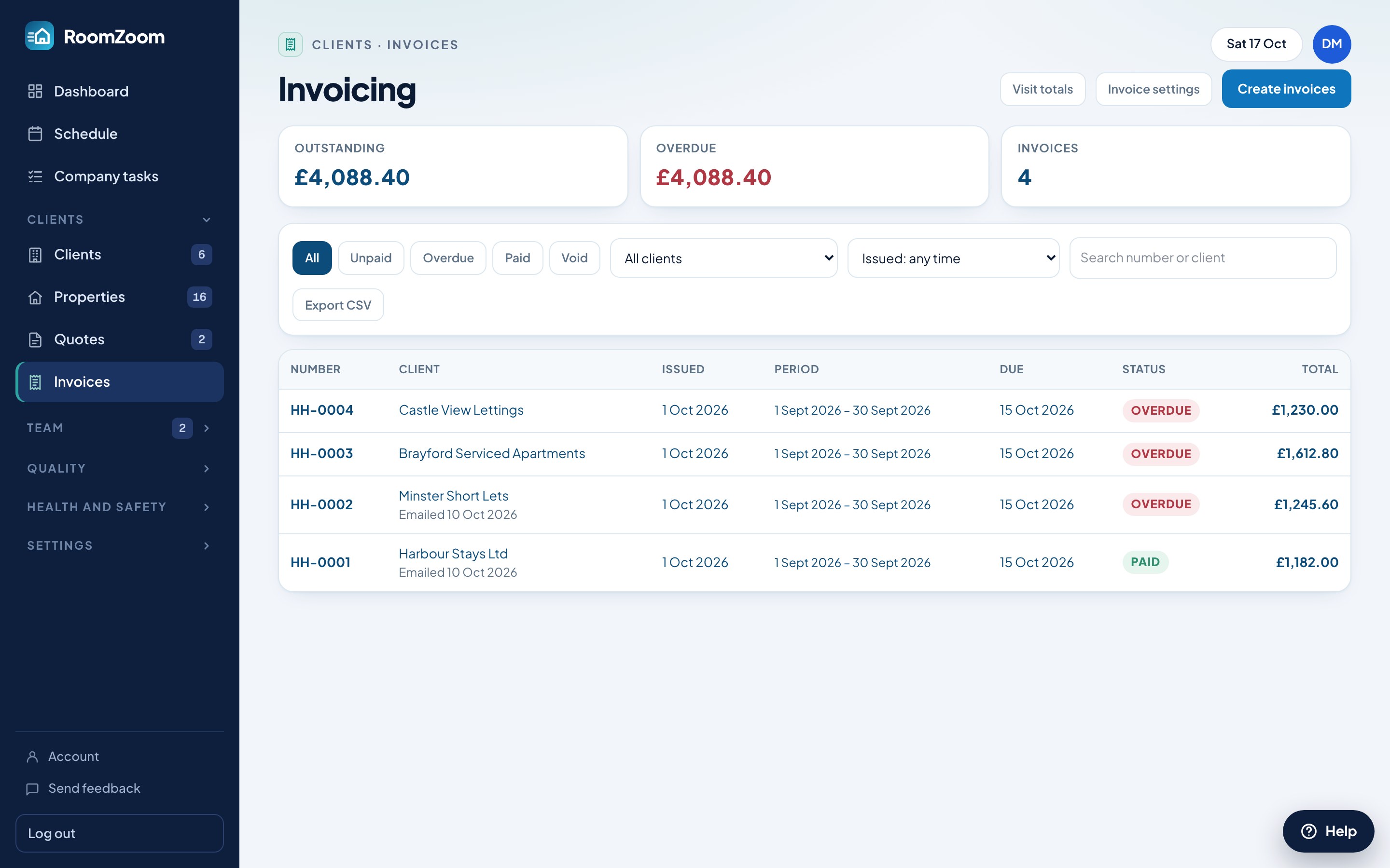 RoomZoom's list of invoices showing what is unpaid and paid