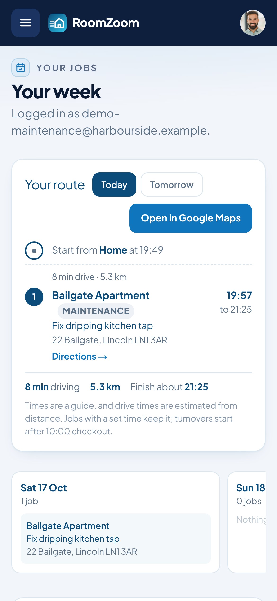 A maintenance job and the route to it on a phone