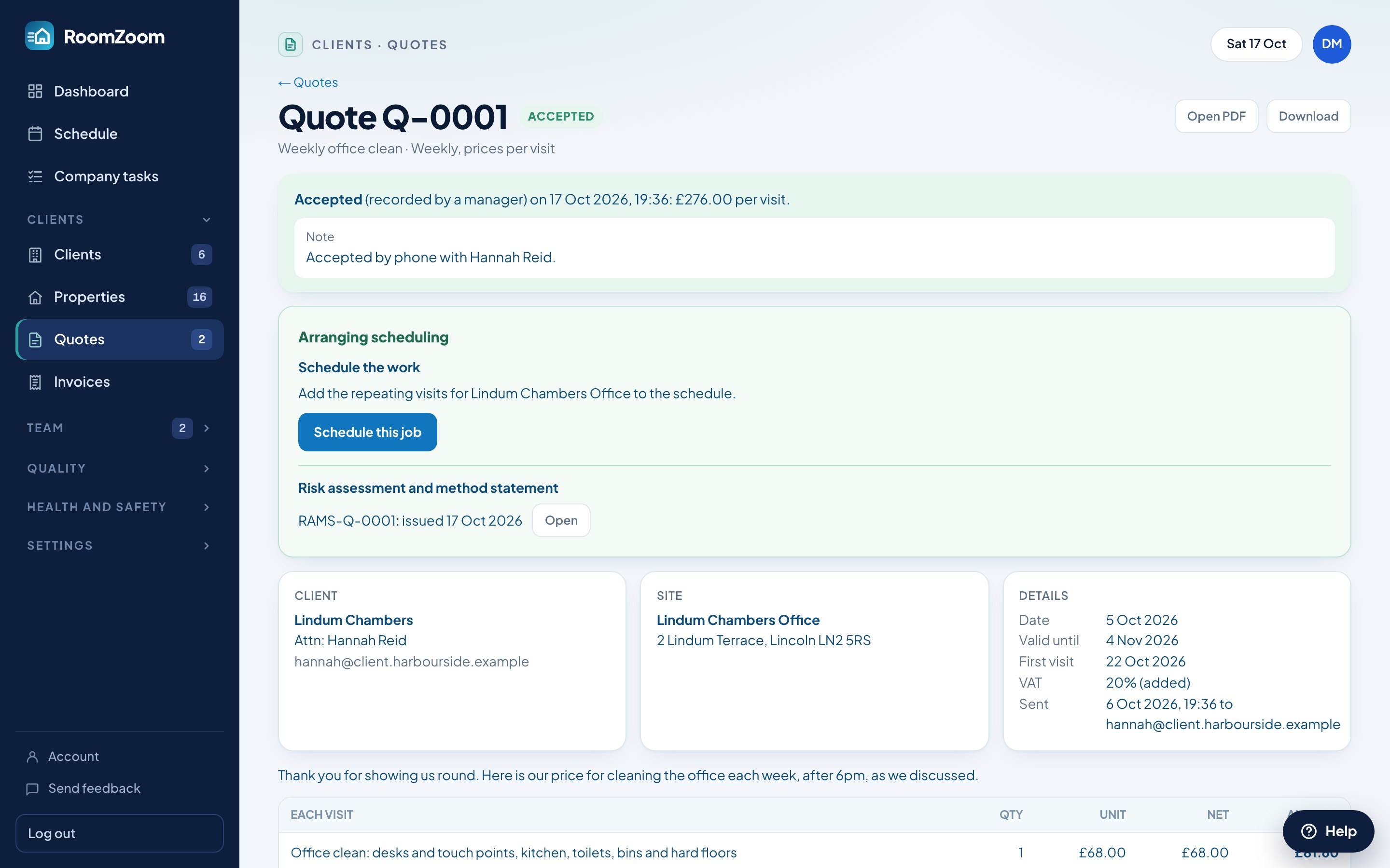 A quote in RoomZoom with optional extras