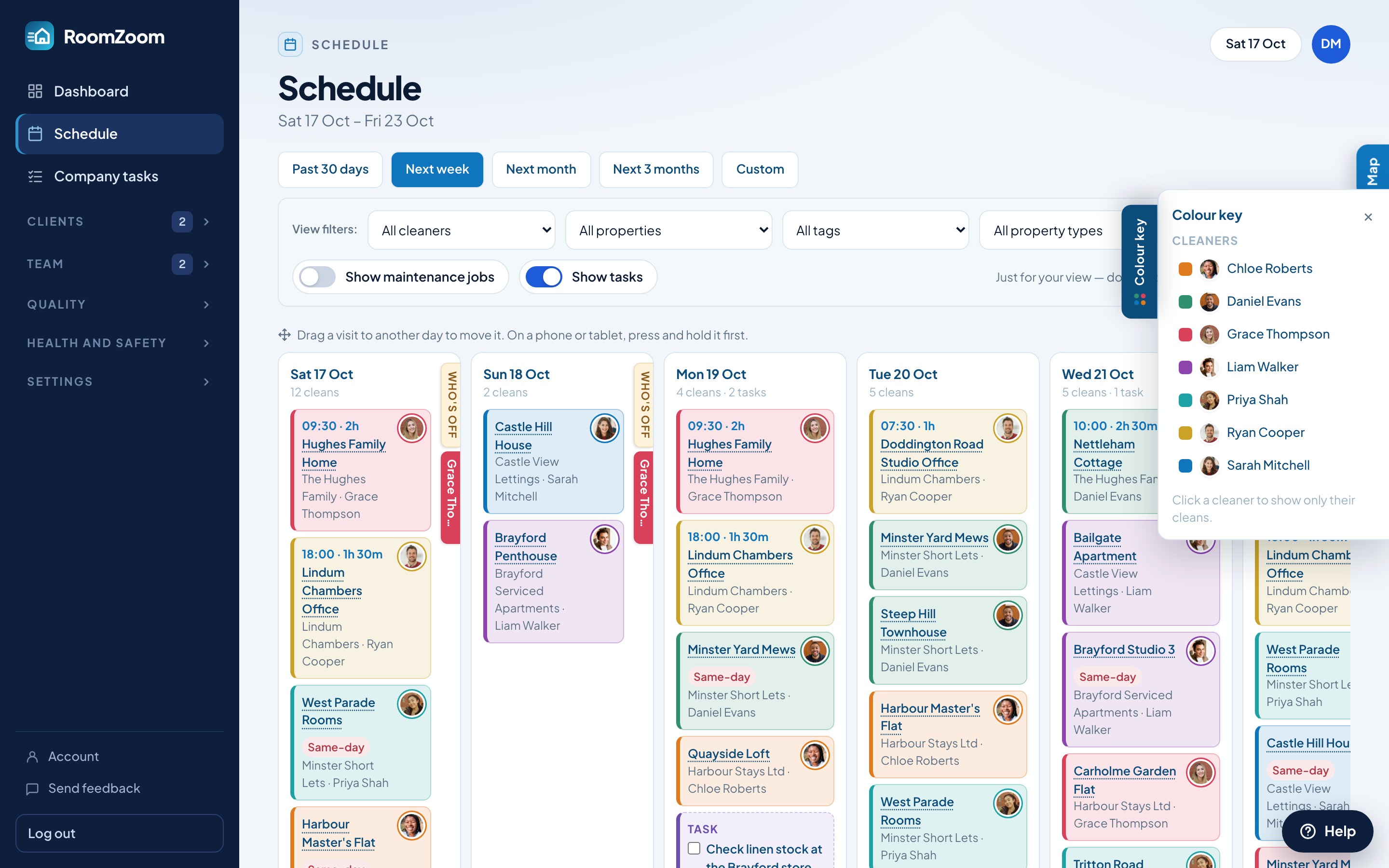The schedule's colour key, with one colour for each cleaner