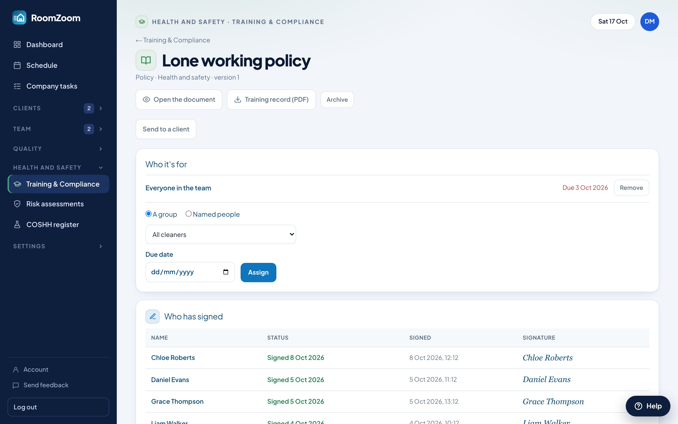 A lone working policy in RoomZoom: who it is assigned to, its due date, and who has signed it and when