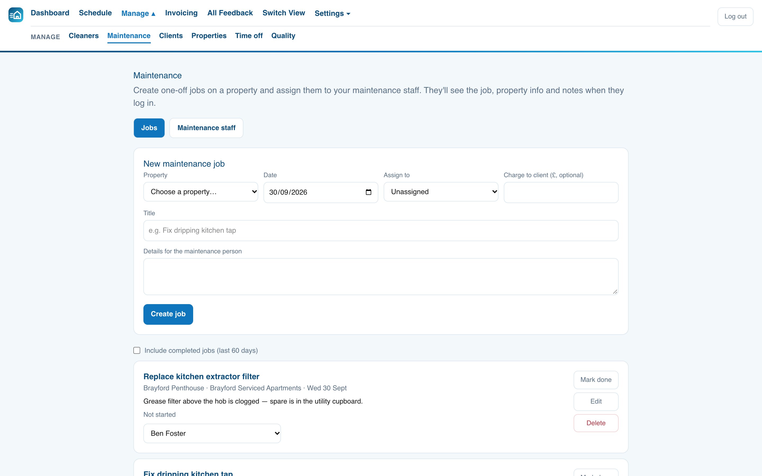 RoomZoom maintenance jobs page